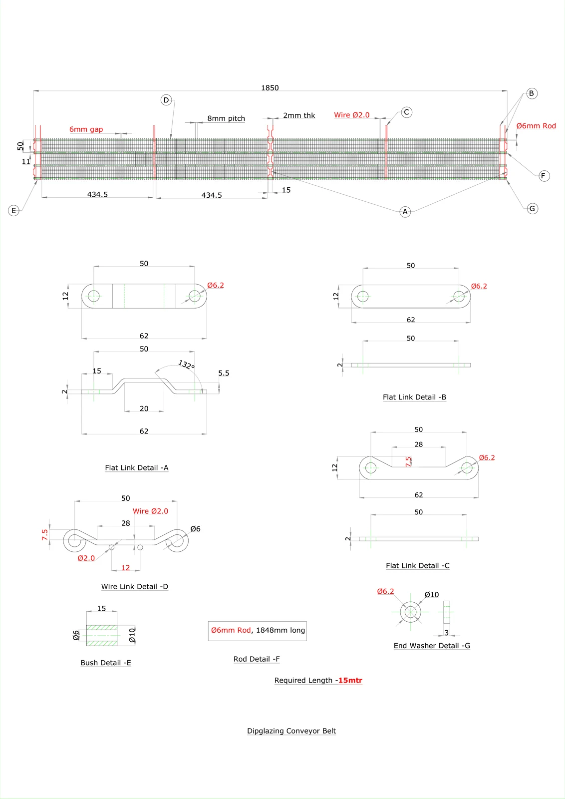 Drawing: glazing section belt, 1850 mm wide, joggled flat-link edge