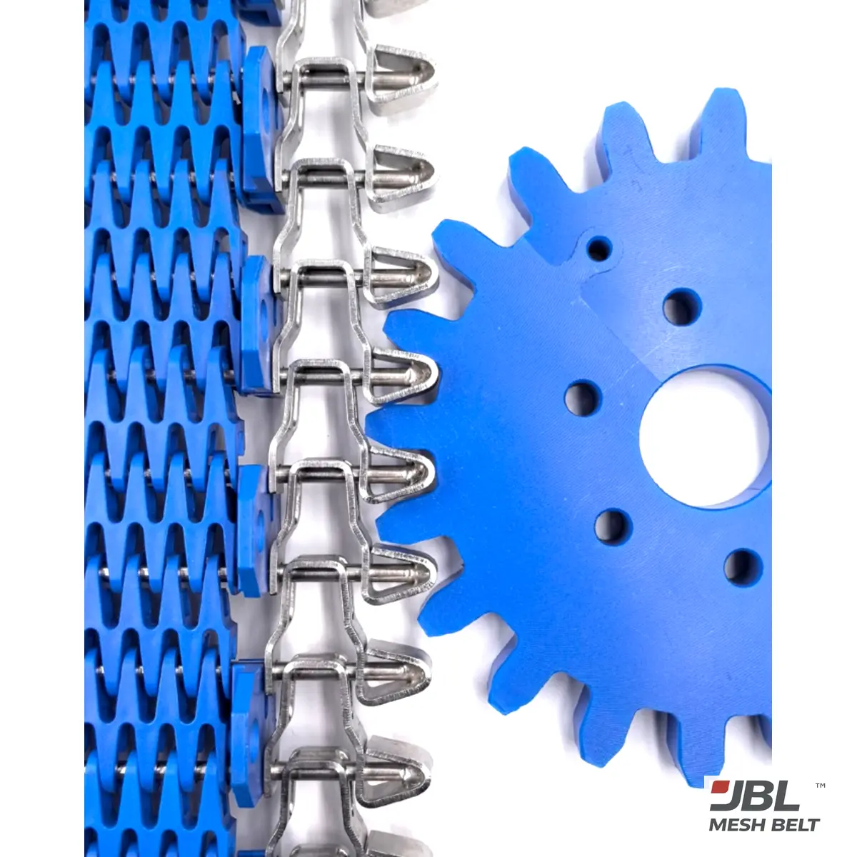 JBL Mesh Belt UHMWPE sprocket engaging a side-driven spiral belt, the interface where sprocket wear changes engagement